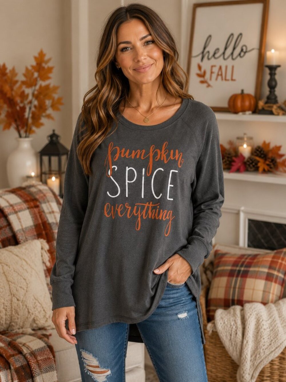 State of Mine Gray Pumpkin Spice Graphic Crew Neck Long Sleeve Top Small NWT